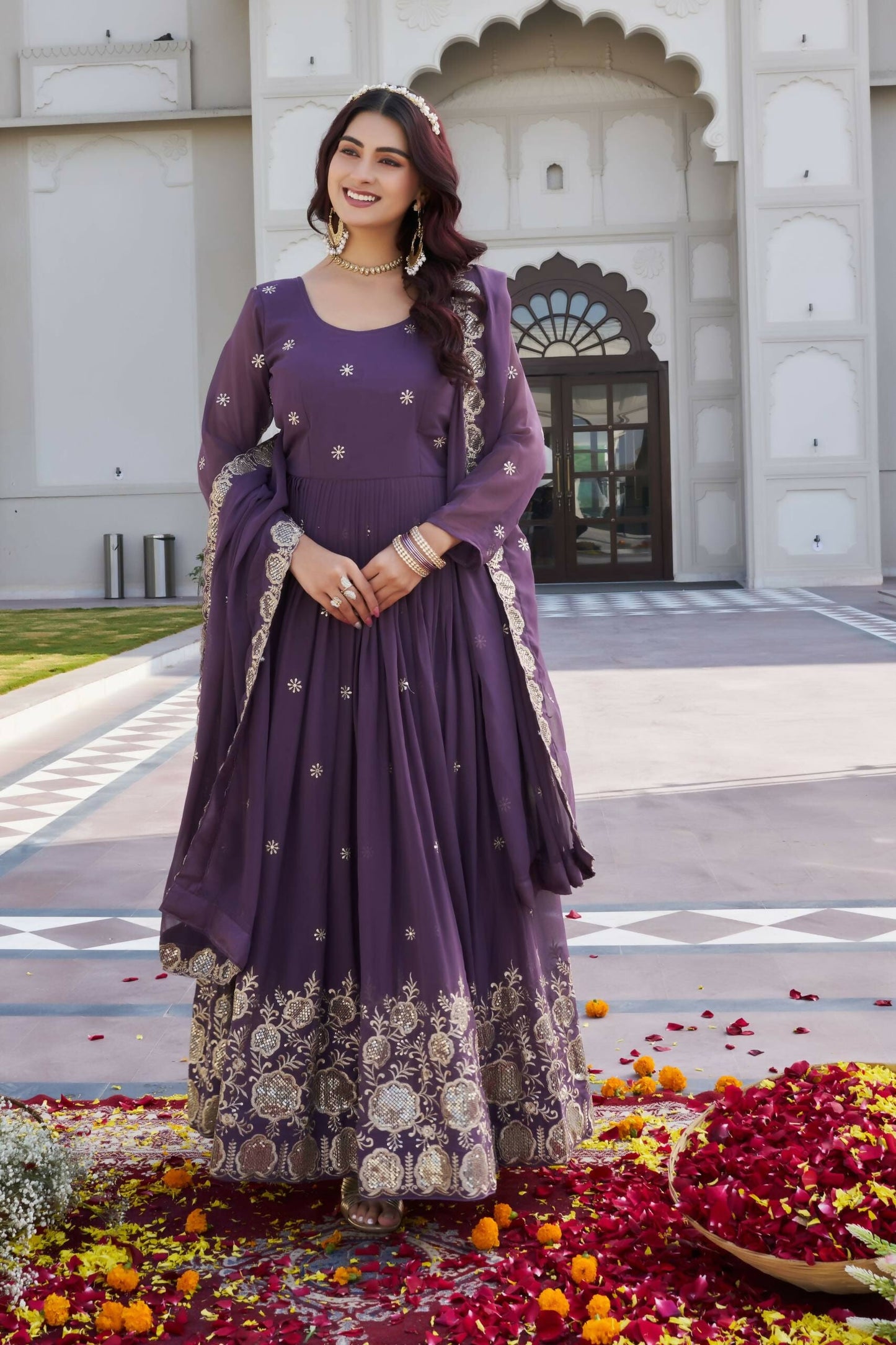Teeya Creation Womens Wedding Wear Heavy Sequence Embroidery Work Purple Gown Set