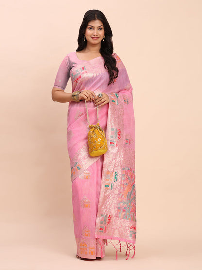 Anaita Pink Linen Woven Work Saree With Blouse