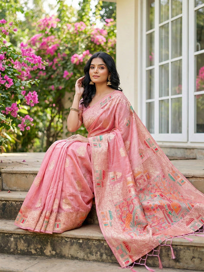 Anaita Pink Linen Woven Work Saree With Blouse