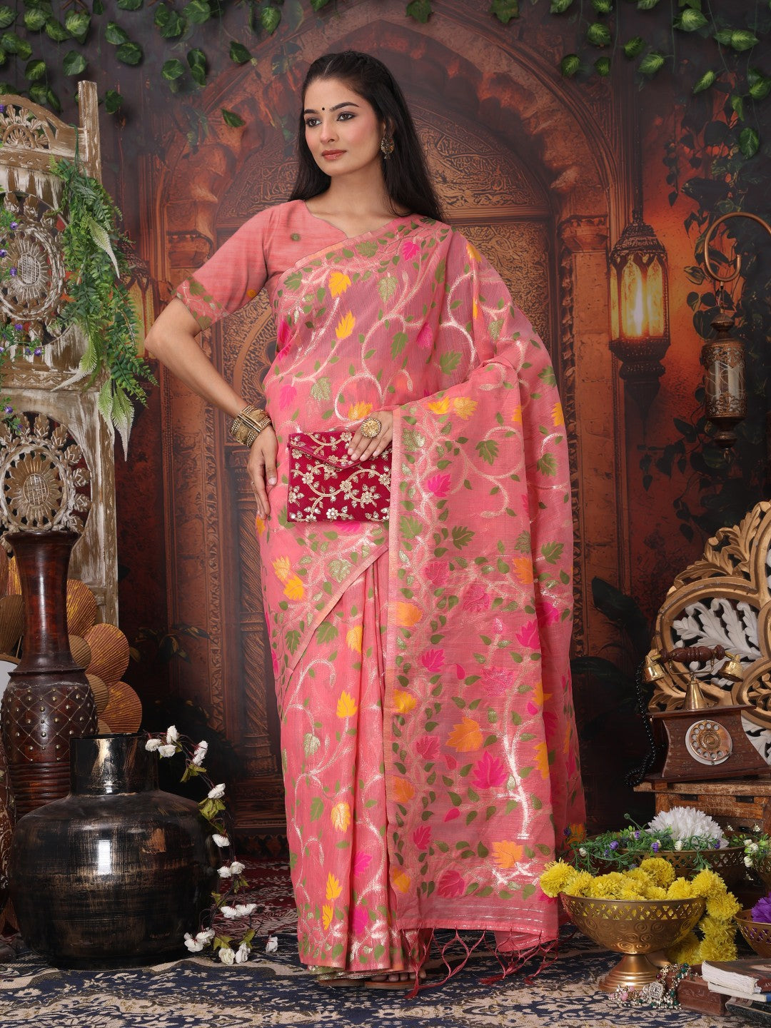 Anaita Pink Linen Printed Saree With Blouse
