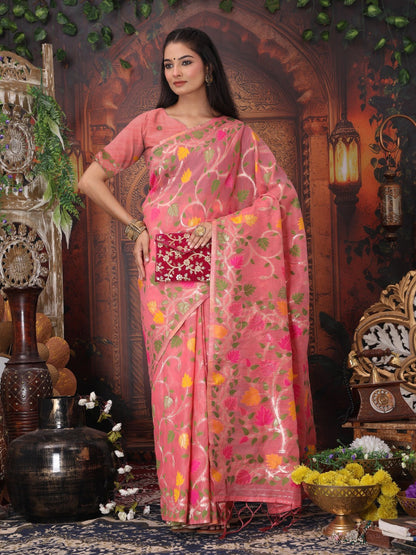 Anaita Pink Linen Printed Saree With Blouse