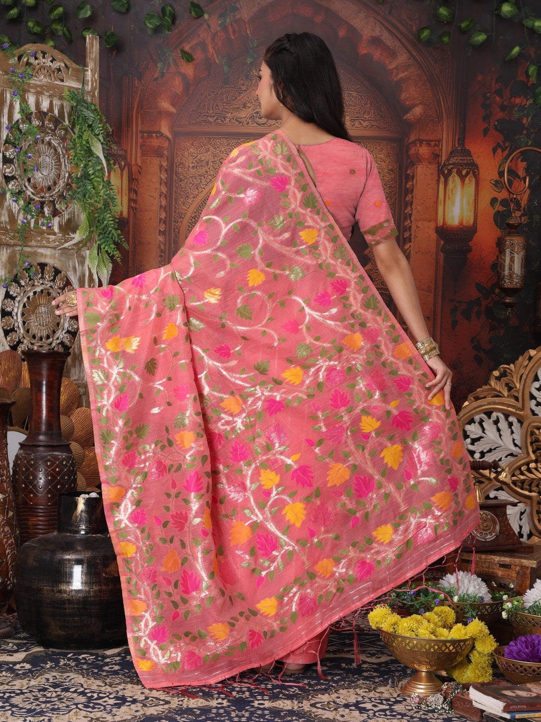Anaita Pink Linen Printed Saree With Blouse