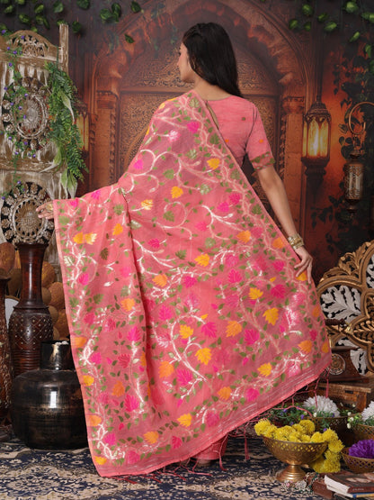 Anaita Pink Linen Printed Saree With Blouse