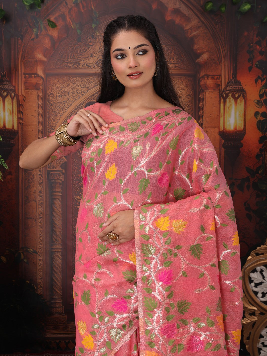 Anaita Pink Linen Printed Saree With Blouse