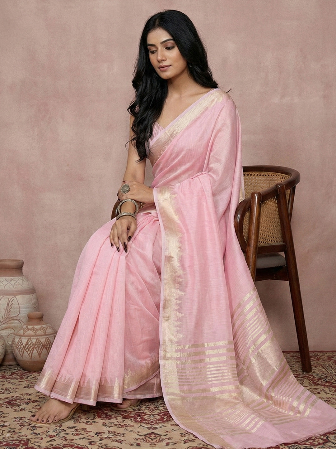 Anaita Pink Cotton Saree With Blouse