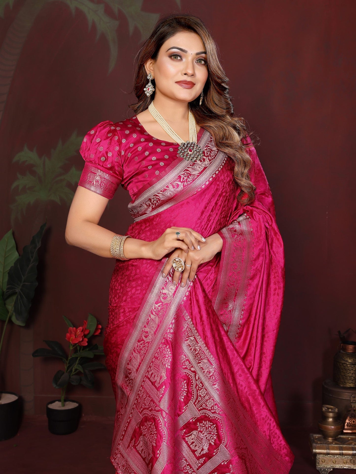 Anaita Pink Zari Weaving Work Satin Silk Saree With Blouse