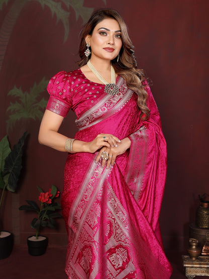 Anaita Pink Zari Weaving Work Satin Silk Saree With Blouse