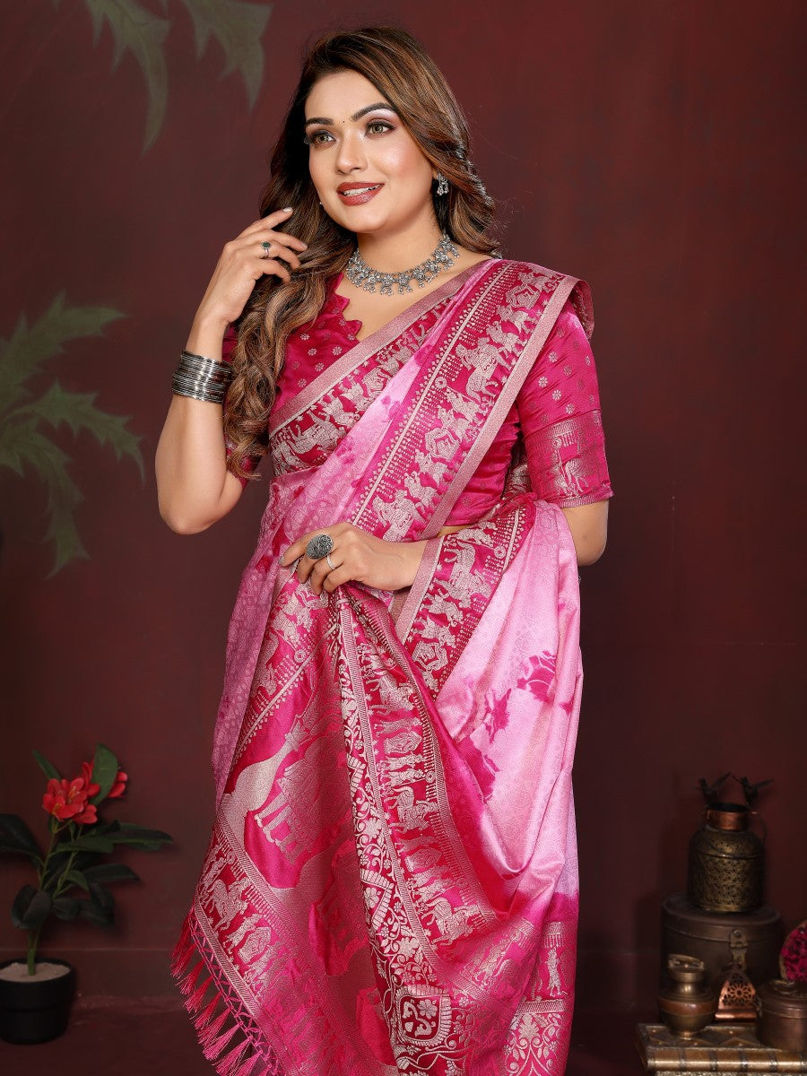 Anaita Pink Zari Weaving Work Satin Silk Saree With Blouse