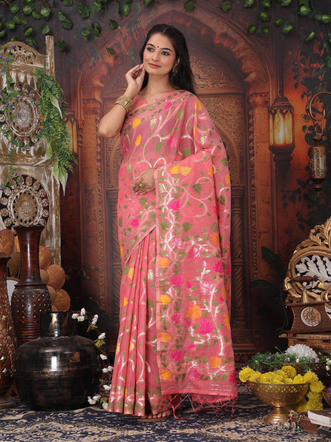 Anaita Pink Linen Printed Saree With Blouse