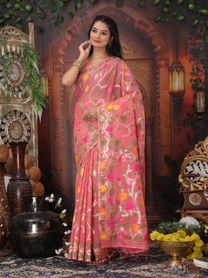 Anaita Pink Linen Printed Saree With Blouse