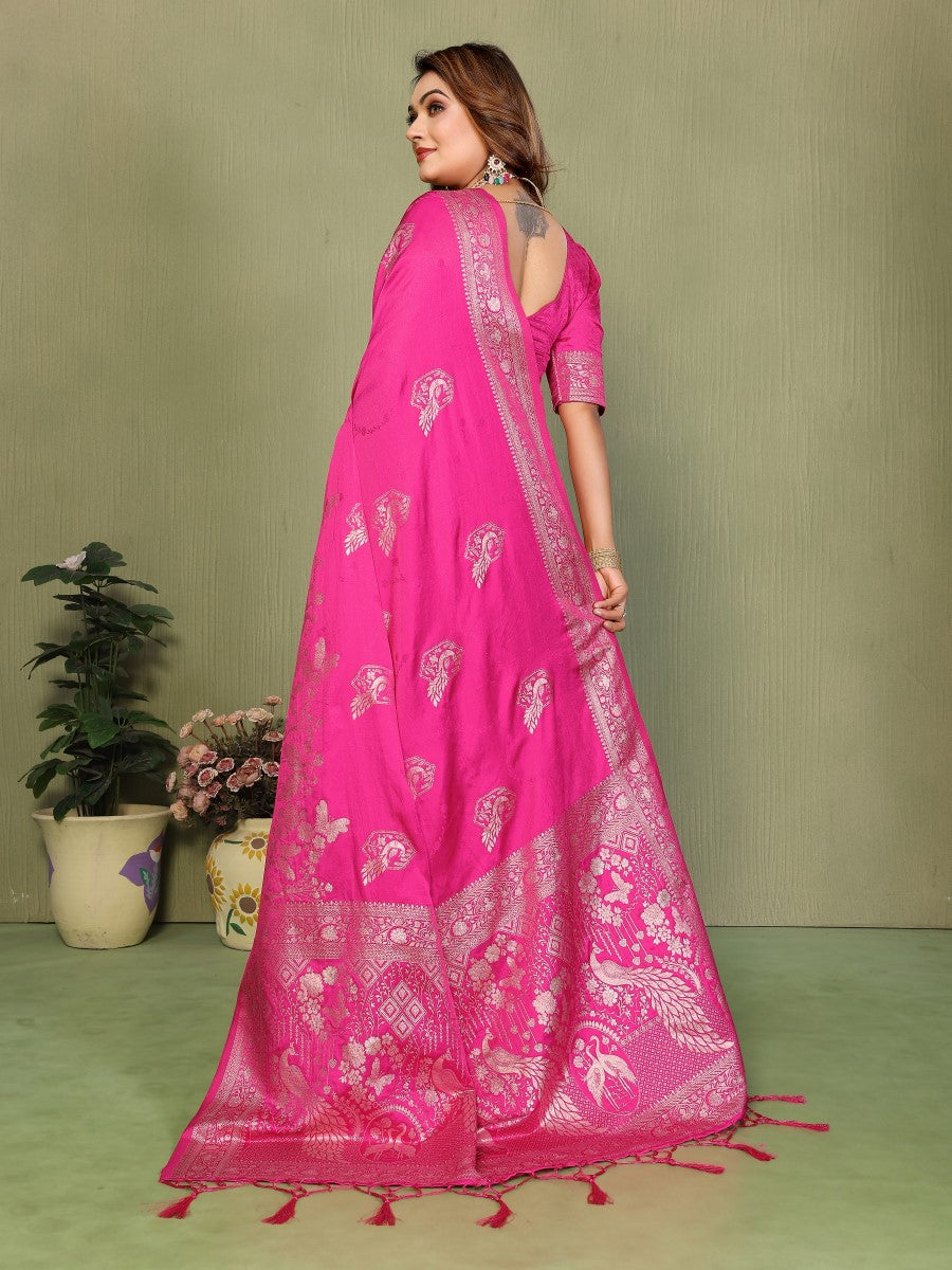 Anaita Pink Zari Butta Work Satin Silk Saree With Blouse