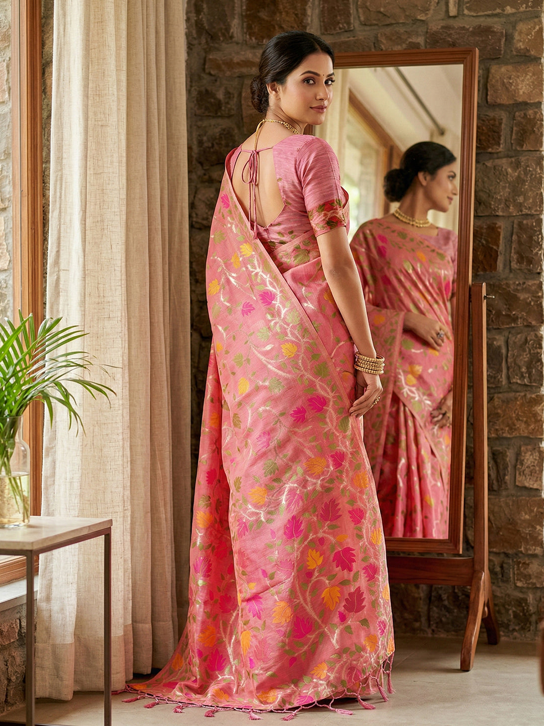 Anaita Pink Linen Woven Work Saree With Blouse