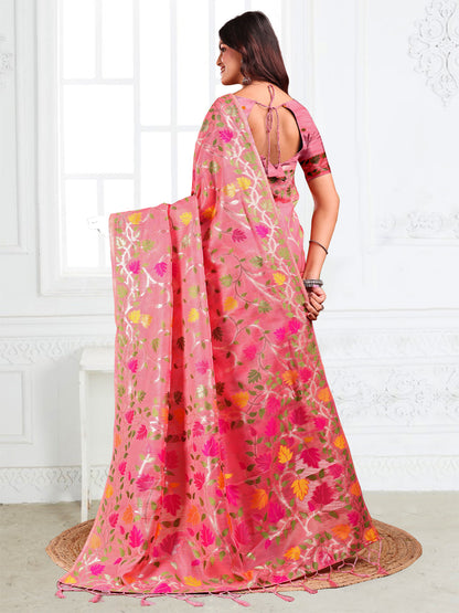 Anaita Pink Linen Printed Saree With Blouse