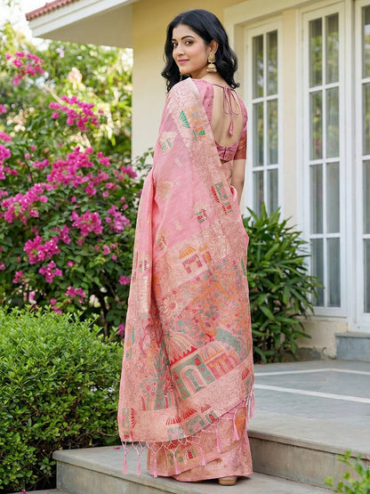 Anaita Pink Linen Woven Work Saree With Blouse