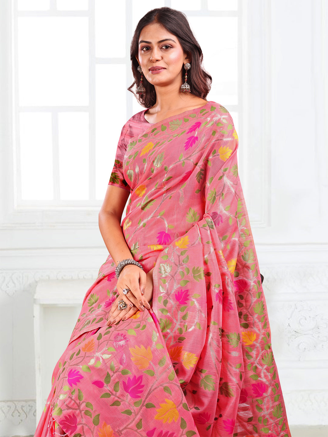Anaita Pink Linen Printed Saree With Blouse