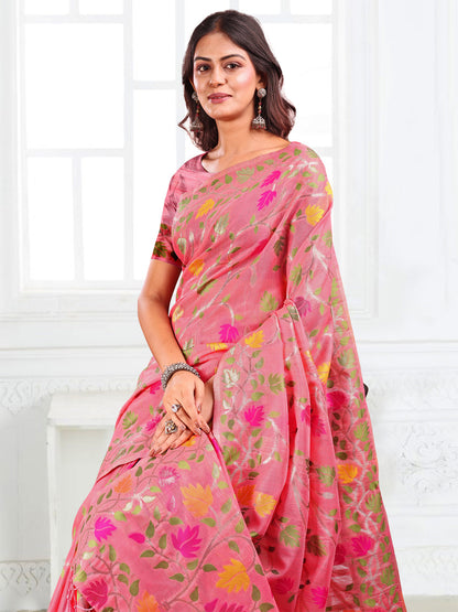 Anaita Pink Linen Printed Saree With Blouse