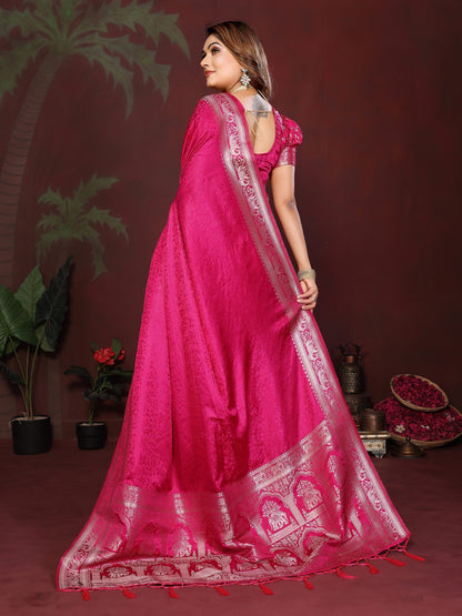 Anaita Pink Zari Weaving Work Satin Silk Saree With Blouse