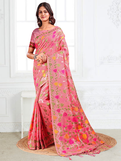 Anaita Pink Linen Printed Saree With Blouse