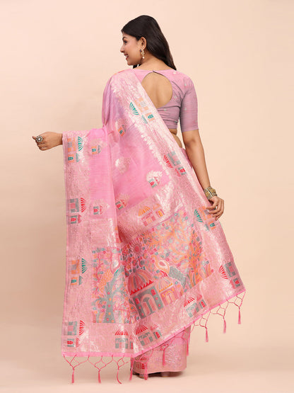 Anaita Pink Linen Woven Work Saree With Blouse