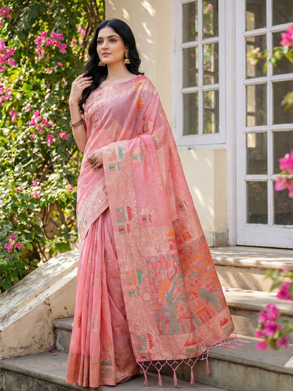 Anaita Pink Linen Woven Work Saree With Blouse