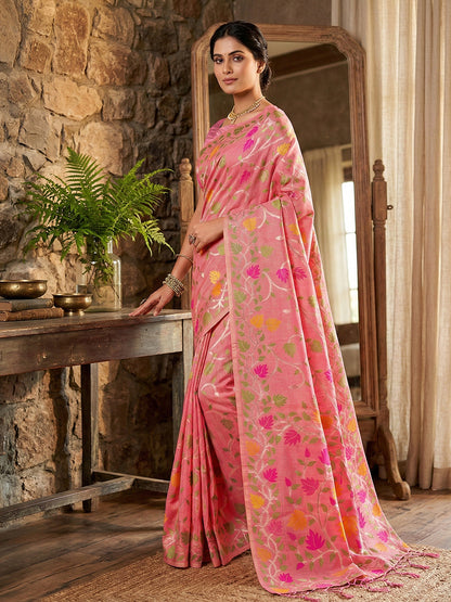 Anaita Pink Linen Woven Work Saree With Blouse