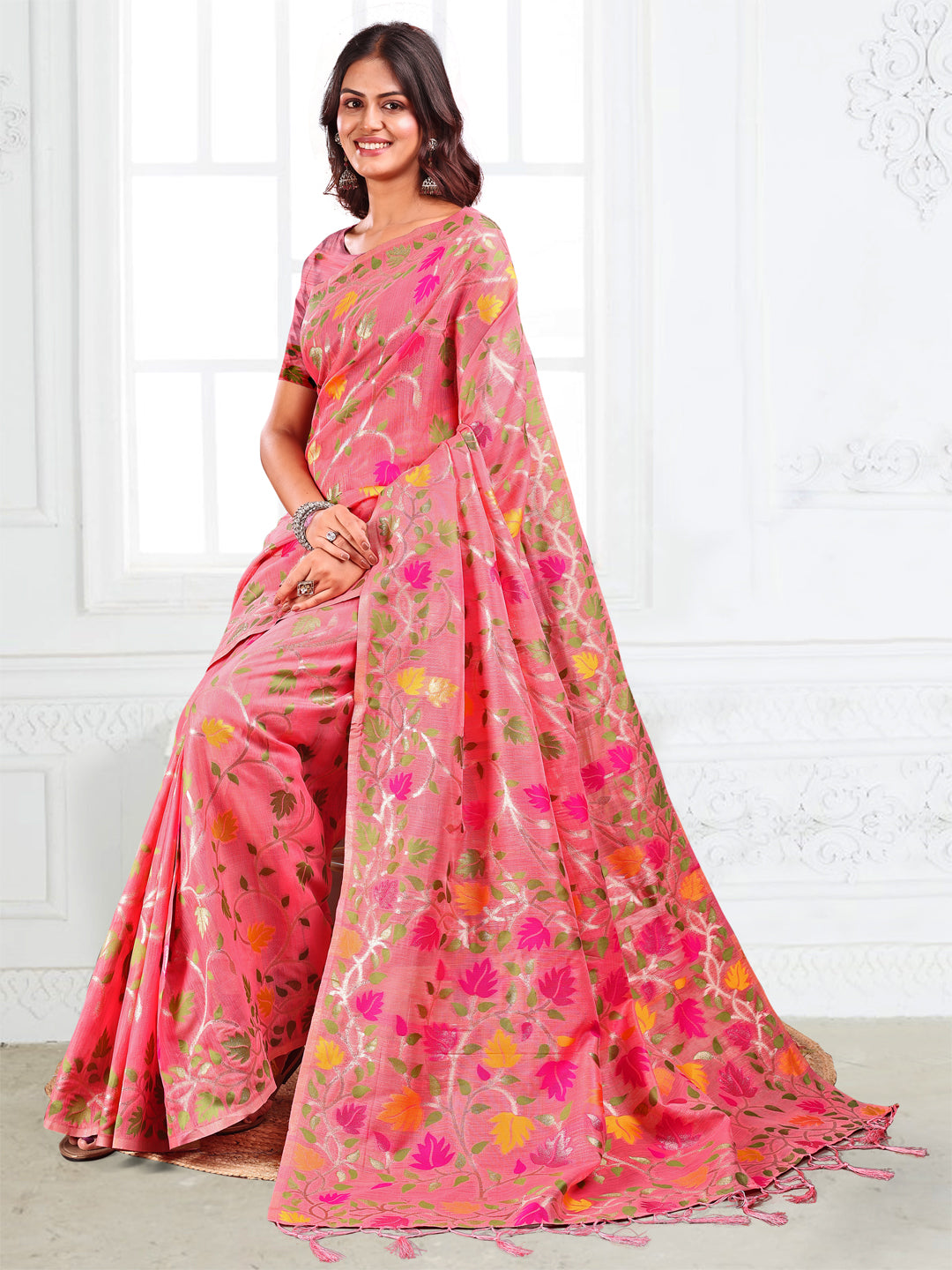 Anaita Pink Linen Printed Saree With Blouse