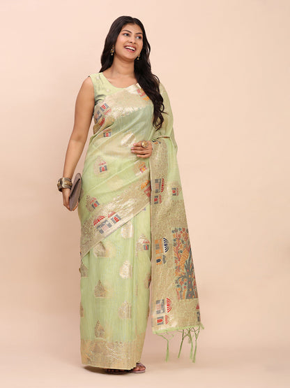 Anaita Rama Linen Woven Work Saree With Blouse