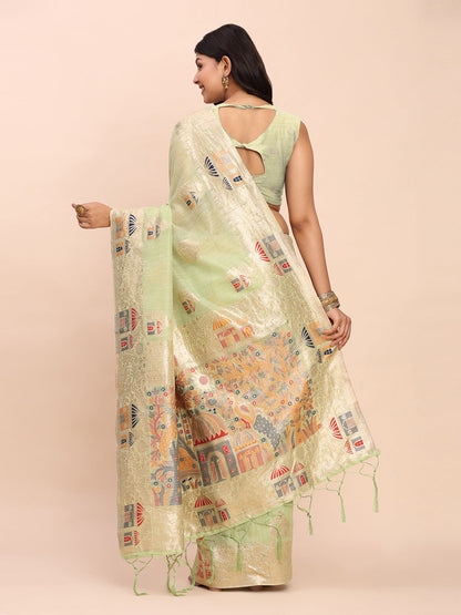 Anaita Rama Linen Woven Work Saree With Blouse