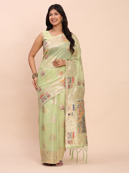 Anaita Rama Linen Woven Work Saree With Blouse