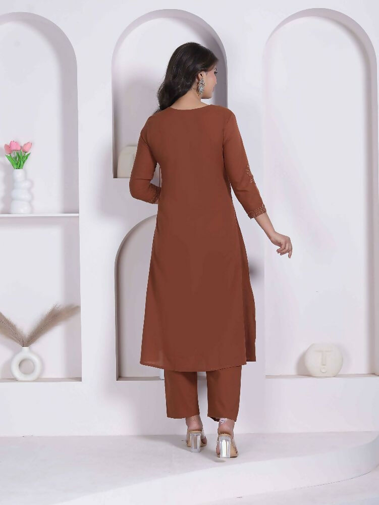 Miravan Womens Brown Floral Printed Angrakha Style Kurta With Palazzo