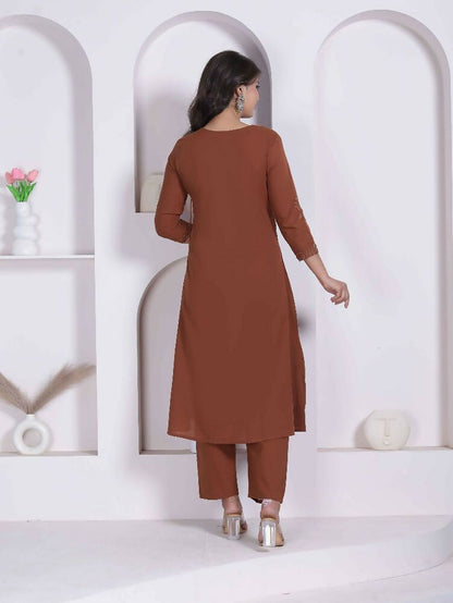 Miravan Womens Brown Floral Printed Angrakha Style Kurta With Palazzo