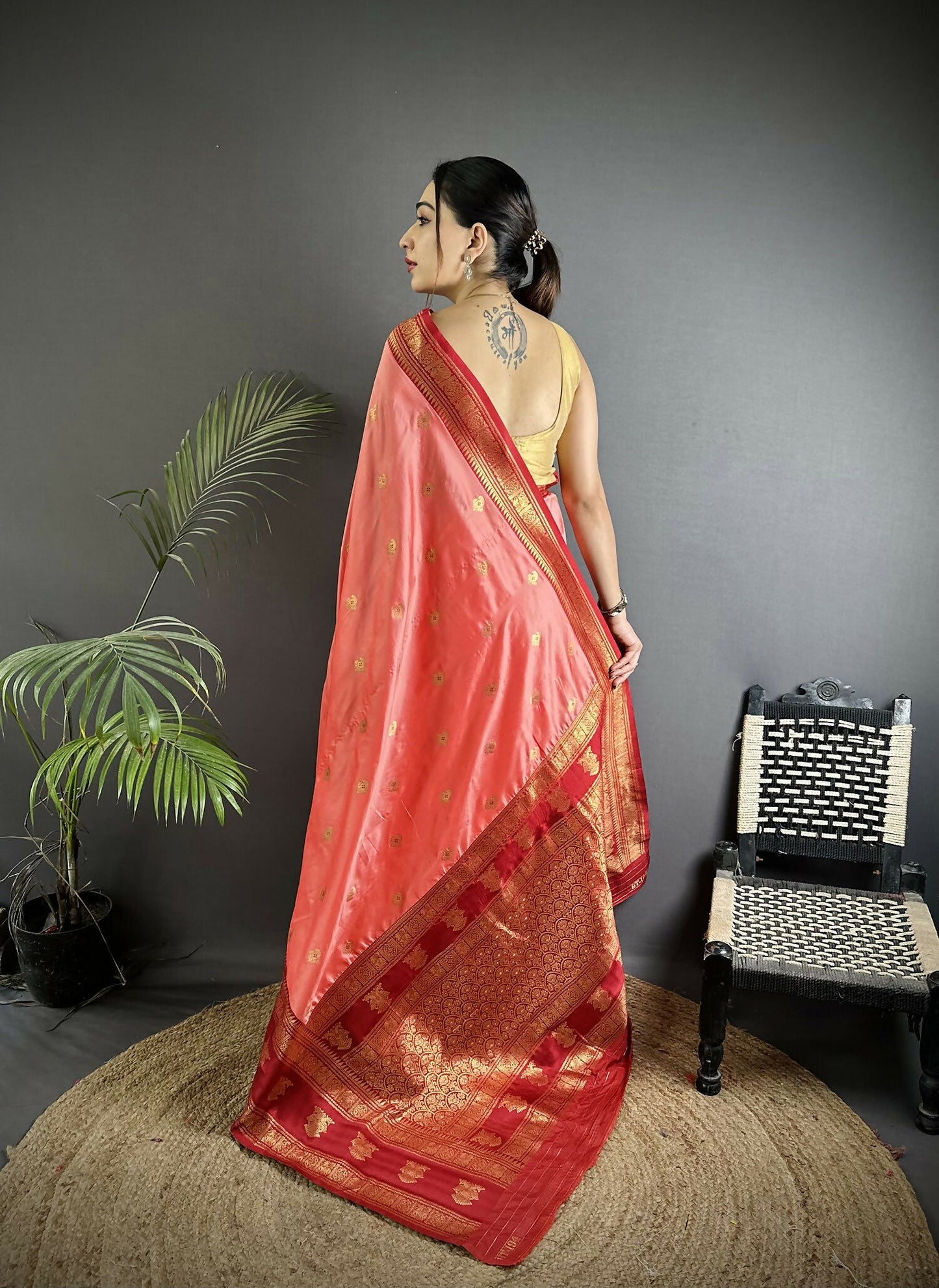 Joban Fashion Peach Banarasi Soft Silk Woven Butti Saree