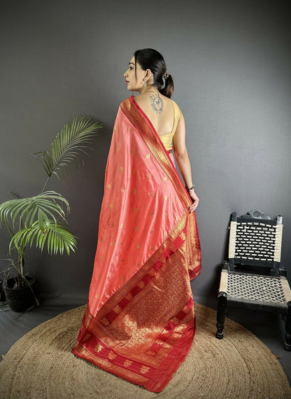 Joban Fashion Peach Banarasi Soft Silk Woven Butti Saree