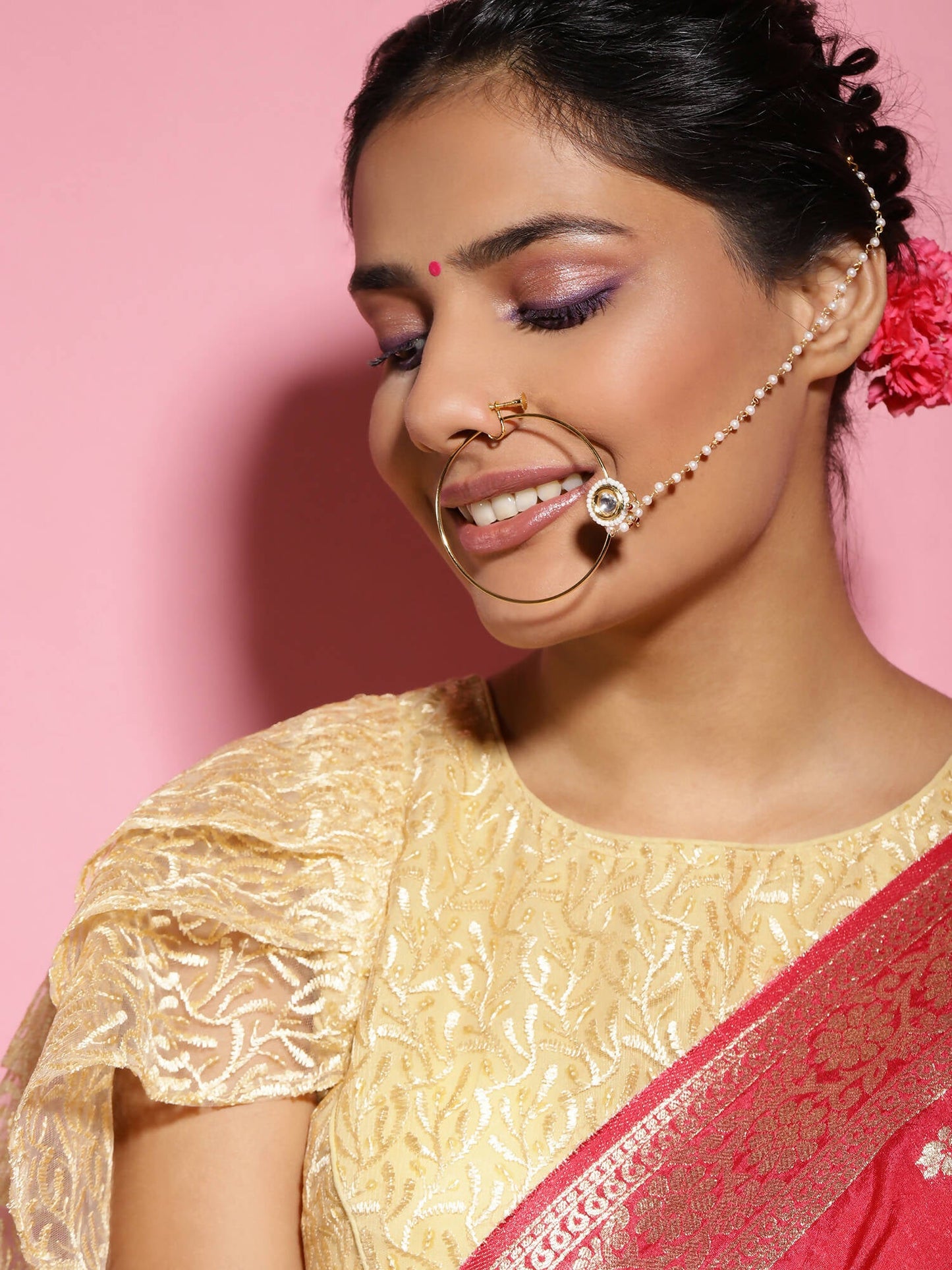Gold-Polished white kundan nosepin - Ruby Raang