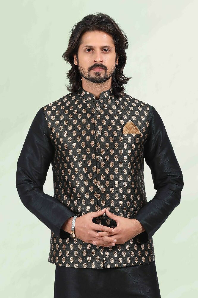 Raivat Ethnic Jacquard Banarasi Silk Woven Work 3 Pics Jacket Set In Black Colour