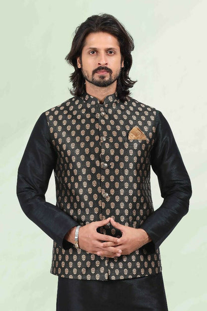 Raivat Ethnic Jacquard Banarasi Silk Woven Work 3 Pics Jacket Set In Black Colour