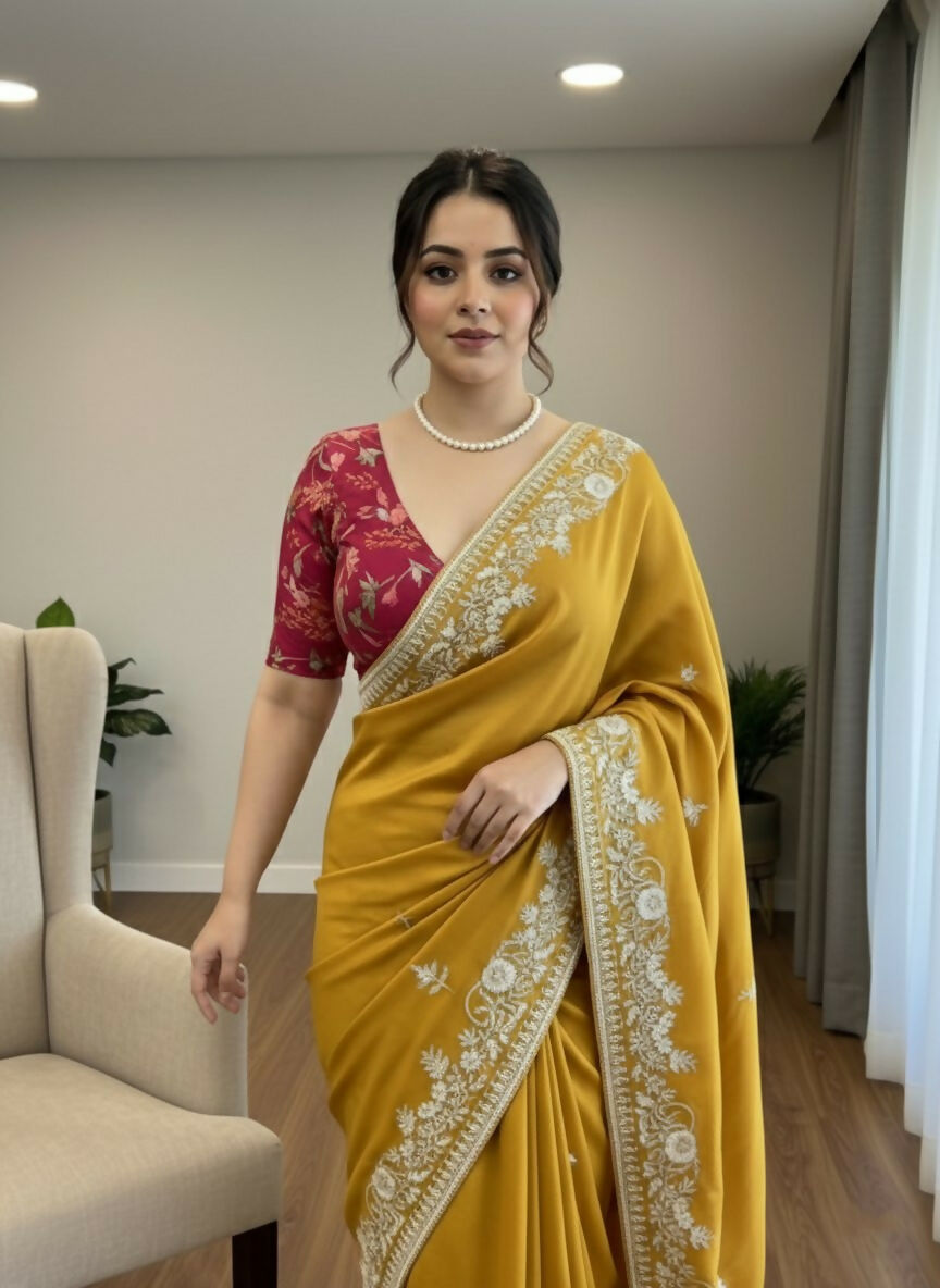 Teeya Creation New Trendy Party Wear Soft Satin Chiffon Saree-Yellow