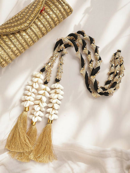 Ruby Raang Gold Gota Pati Work And Black Thread And Shells With Gold Stones
