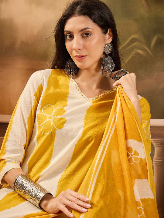 Sangria Women Striped Pure Cotton Straight Kurta & Trousers With Printed Dupatta
