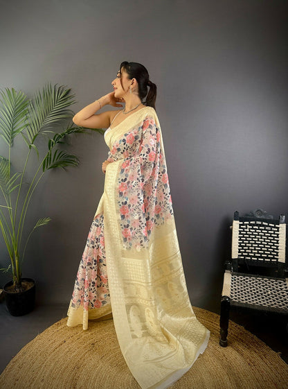 Joban Fashion Cream Floral Motifs Banarasi Silk Sarees