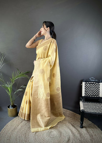 Joban Fashion Yellow Floral & Paisley Linen Silk Banarasi Saree