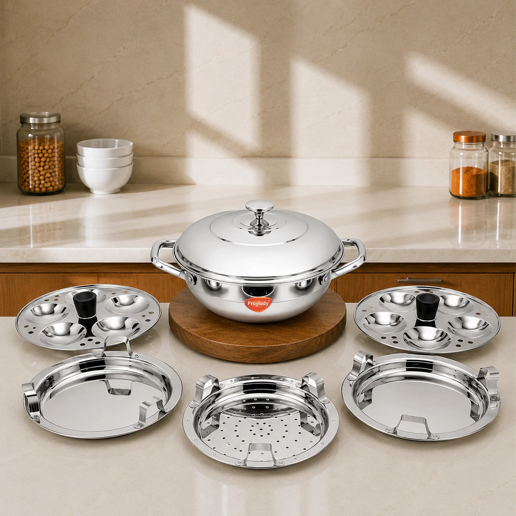 PrayLady Triplus Pro Mini Multi Kadai 21cm Idli Pot Dhokla Momo Steamer 10 Idlis 2 Idli Plates 1 Dhokla Plate 1 Steamer Plate