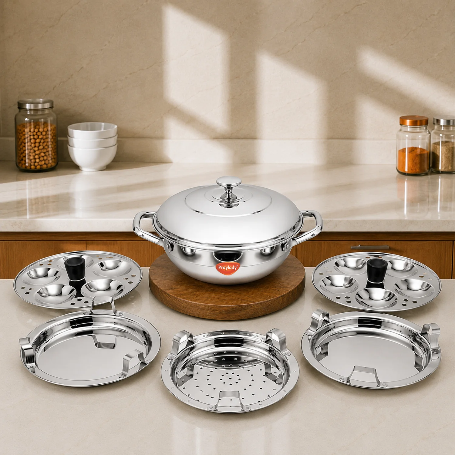 PrayLady Triplus Pro Mini Multi Kadai 21cm Idli Pot Dhokla Momo Steamer 10 Idlis 2 Idli Plates 1 Dhokla Plate 1 Steamer Plate
