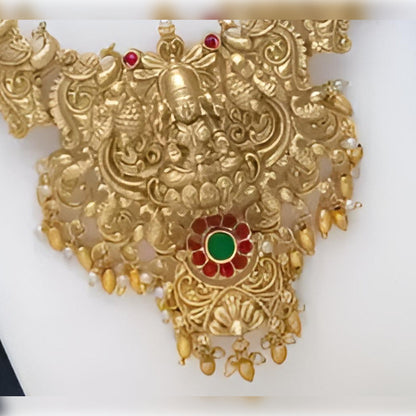 Jewel City Traditional Temple Design Gold Necklace Set with Red and Green Stone Accents - Bridal Jewelry