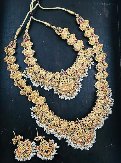 Jewel City Gold-Plated Traditional Goddess Lakshmi Temple Jewellery Bridal Set with Ruby Stone Long Haram Double Necklace Set