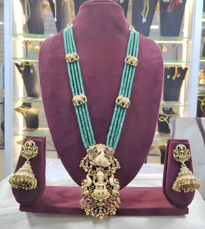 Jewel City Luxurious Emerald Green Temple Goddess Kundan Jewelry Set - Handcrafted Gold-Plated Bridal Necklace with Jhumka Earrings