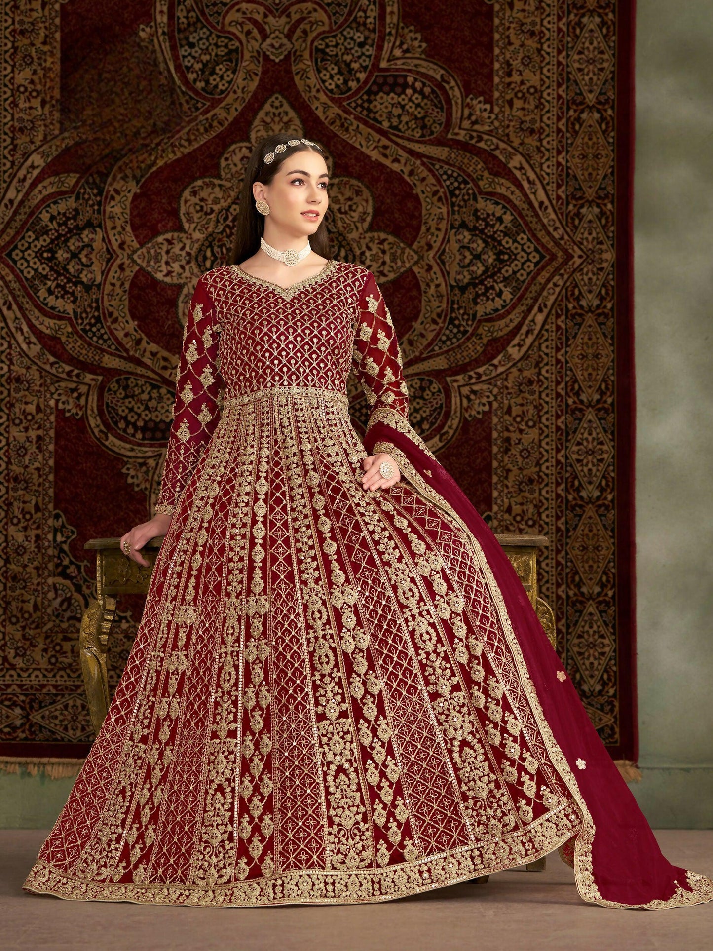 Anaita Maroon Embroidered Net Stitched Anarkali Suit