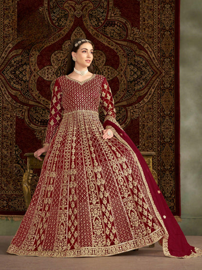 Anaita Maroon Embroidered Net Stitched Anarkali Suit
