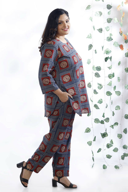 Breathables Women’S Blue Cotton Geometric Print Loungewear Co-Ord Set – Hip-Length Kurta & Pants