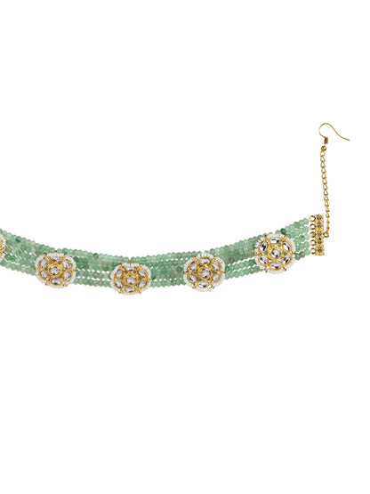 Gold-Polished Green Kundan Studded Headband - Ruby Raang